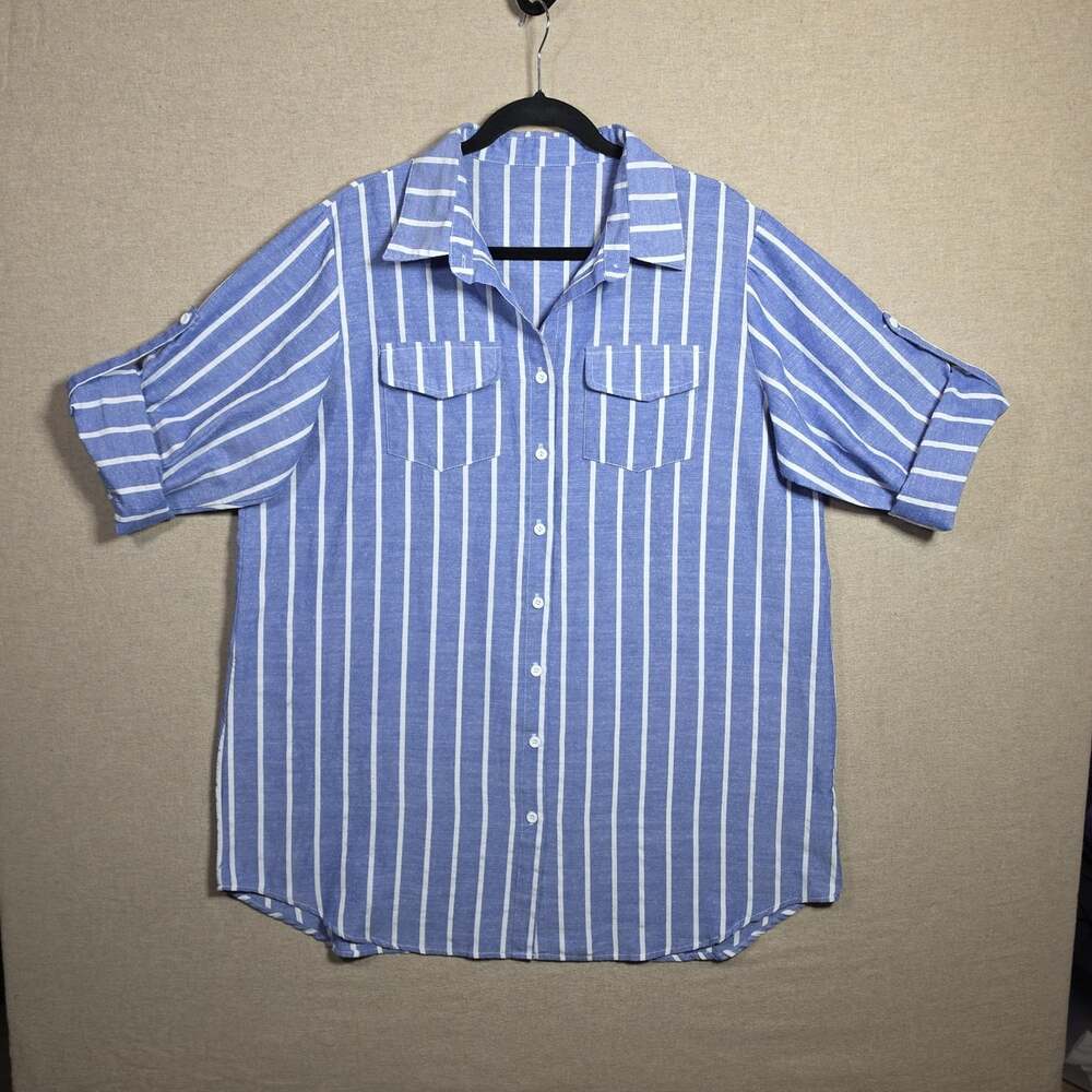 Blue White Striped Button Up  Shirt Womens 3XL  Cotton Pockets Collared Artsy